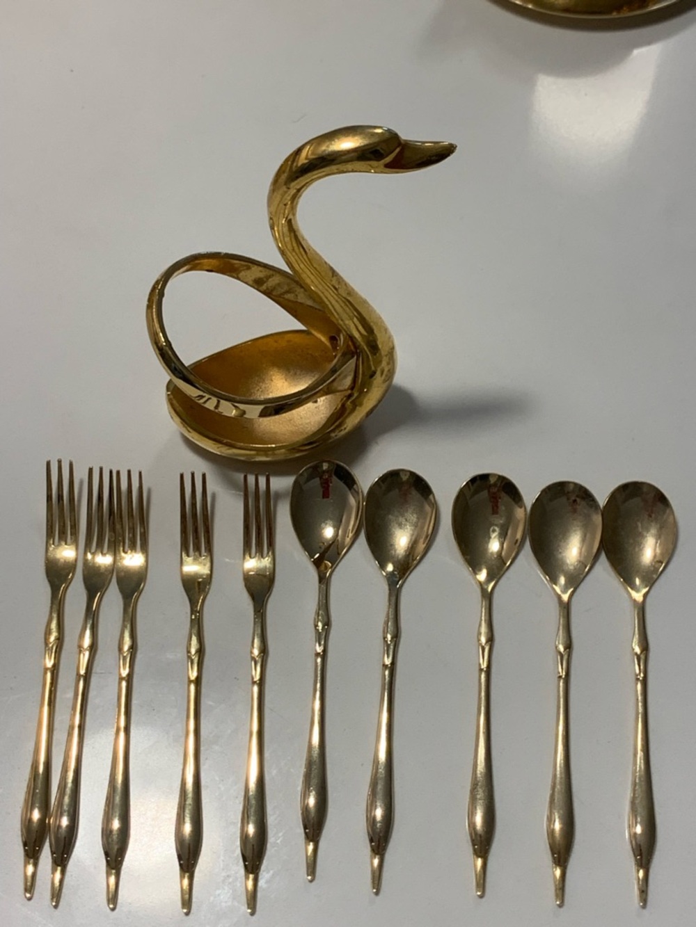 Gold Tone Swan Napkin Ring with Matching Gold Flatware Set